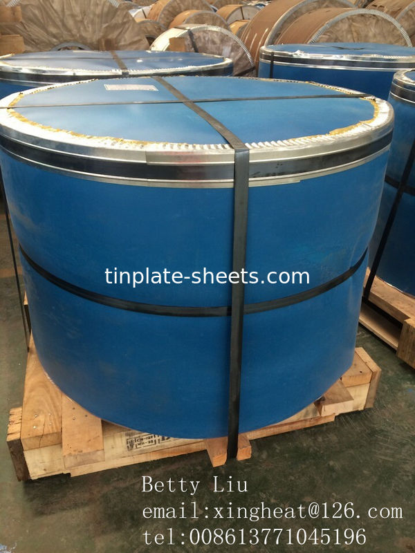 Bobina de lata para latas de alimentos e mais 0,15-0,49 mm Espessura 600-986 mm Largura 4-8MT por bobina JIS G3303 EN10202 ASTM624 Conforme